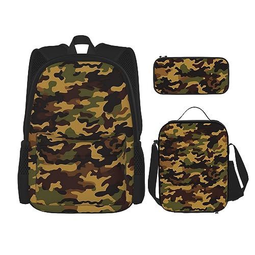 DOFFO Rucksack-Set mit Camouflage-Muster, Reise-Laptop-Rucksack für Damen und Herren, lässige Büchertasche mit Lunch-Tasche, Bleistifttasche, 3-teilig, Schwarz, Einheitsgröße, Schwarz , Einheitsgröße von DOFFO