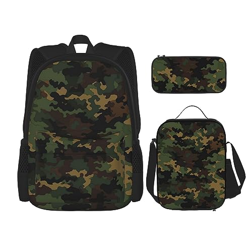 DOFFO Rucksack-Set mit Camouflage-Muster, Reise-Laptop-Rucksack für Damen und Herren, lässige Büchertasche mit Lunch-Tasche, Bleistifttasche, 3-teilig, Schwarz, Einheitsgröße, Schwarz , Einheitsgröße von DOFFO