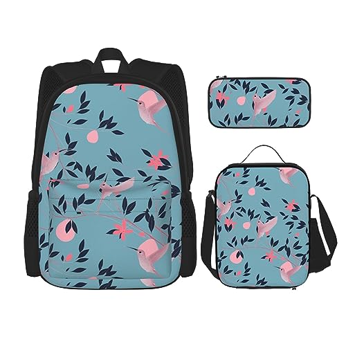 DOFFO Rucksack-Set mit Kolibri-Blätter-Aufdruck, Reise-Laptop-Rucksack für Damen und Herren, lässige Büchertasche mit Lunch-Tasche, Federmäppchen, 3 Stück, Schwarz, Einheitsgröße, Schwarz , von DOFFO