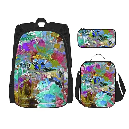 DOFFO Rucksack-Set mit farbigem Blumendruck, Reise-Laptop-Rucksack für Damen und Herren, lässige Büchertasche mit Lunch-Tasche, Bleistifttasche, 3 Stück, Schwarz, Einheitsgröße, Schwarz , von DOFFO