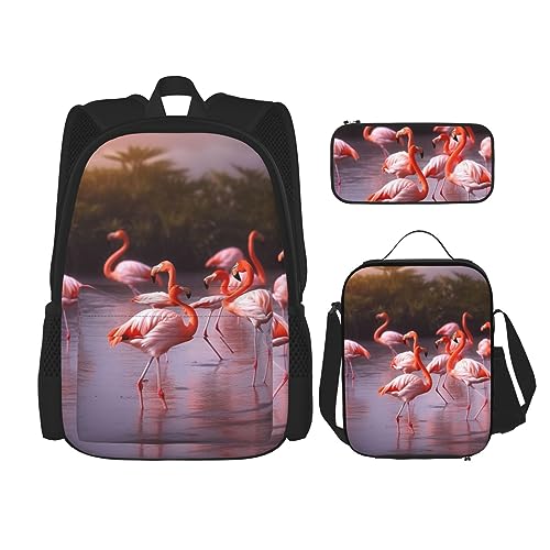 DOFFO Rucksack-Set mit pinkem Flamingo-Druck, Reise-Laptop-Rucksack für Damen und Herren, lässige Büchertasche mit Lunch-Tasche, Bleistifttasche, 3-teilig, Schwarz, Einheitsgröße, Tagesrucksäcke, von DOFFO