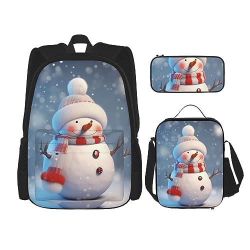 DOFFO Rucksack-Set mit weihnachtlichem Schneemann-Druck, Reise-Laptop-Rucksack für Damen und Herren, lässige Büchertasche mit Lunch-Tasche, Bleistifttasche, 3 Stück, Schwarz, Einheitsgröße, von DOFFO