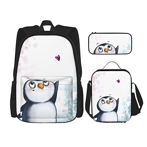 DOFFO Rucksack mit Aufdruck "I Love Penguins", Reise-Laptop-Rucksack für Damen und Herren, lässige Büchertasche mit Lunch-Tasche, Federmäppchen, 3-teilig, Schwarz, Einheitsgröße, Schwarz , von DOFFO