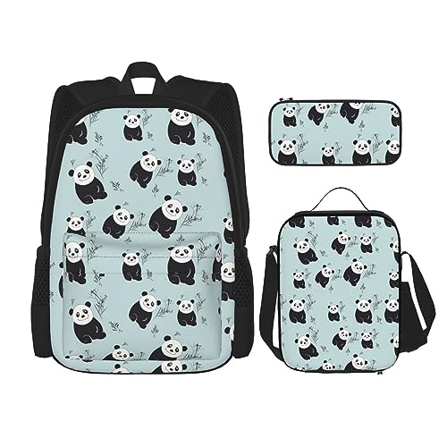 DOFFO Rucksack mit Cartoon-Pandabär-Aufdruck, Reise-Laptop-Rucksack für Damen und Herren, lässige Büchertasche mit Lunch-Tasche, Federmäppchen, 3-teilig, Schwarz, Einheitsgröße, Schwarz , von DOFFO