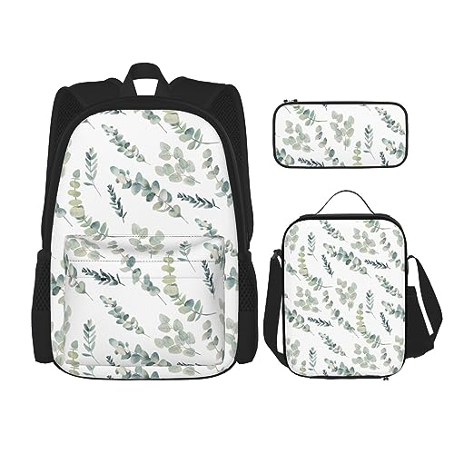 DOFFO Rucksack mit Eukalyptusblätter-Aufdruck, Reise-Laptop-Rucksack für Damen und Herren, lässige Büchertasche mit Lunch-Tasche, Bleistifttasche, 3 Stück, Schwarz, Einheitsgröße, Schwarz , von DOFFO