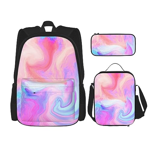 DOFFO Rucksack mit Flüssigkeitsmalerei, Reise-Laptop-Rucksack für Damen und Herren, lässige Büchertasche mit Lunch-Tasche, Bleistifttasche, 3-teilig, Schwarz, Einheitsgröße, Schwarz , Einheitsgröße von DOFFO