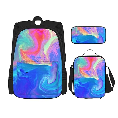 DOFFO Rucksack mit Flüssigkeitsmalerei, Reise-Laptop-Rucksack für Damen und Herren, lässige Büchertasche mit Lunch-Tasche, Bleistifttasche, 3-teilig, Schwarz, Einheitsgröße, Schwarz , Einheitsgröße von DOFFO