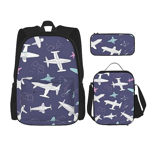 DOFFO Rucksack mit Flugzeugdruck, Reise-Laptop-Rucksack für Damen und Herren, lässige Büchertasche mit Lunch-Tasche, Bleistifttasche, 3-teilig, Schwarz, Einheitsgröße, Tagesrucksäcke, Schwarz , von DOFFO