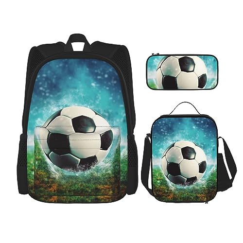 DOFFO Rucksack mit Fußball-Hintergrunddruck, Reise-Laptop-Rucksack für Damen und Herren, lässige Büchertasche mit Lunch-Tasche, Federmäppchen, 3 Stück, Schwarz, Einheitsgröße, Schwarz , Einheitsgröße von DOFFO