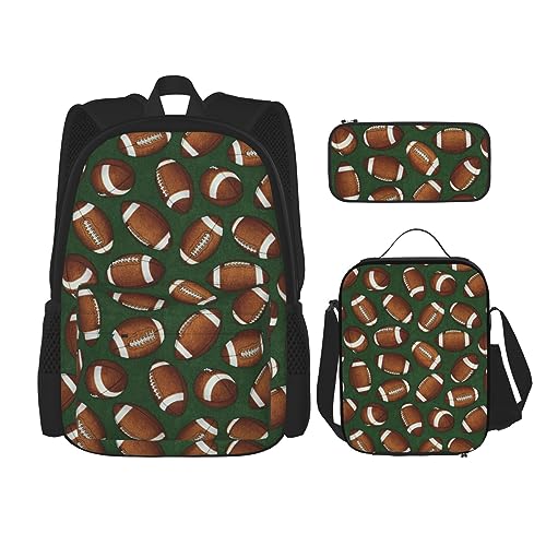 DOFFO Rucksack mit Fußball-Motiv, grüner Druck, Reise-Laptop-Rucksack für Damen und Herren, lässige Büchertasche mit Lunch-Tasche, Bleistifttasche, 3-teilig, Schwarz, Einheitsgröße, Schwarz , von DOFFO