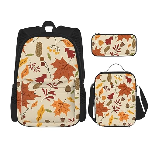 DOFFO Rucksack mit Herbstblätter-Aufdruck, Reise-Laptop-Rucksack für Damen und Herren, lässige Büchertasche mit Lunch-Tasche, Bleistifttasche, 3-teilig, Schwarz, Einheitsgröße, Schwarz , Einheitsgröße von DOFFO