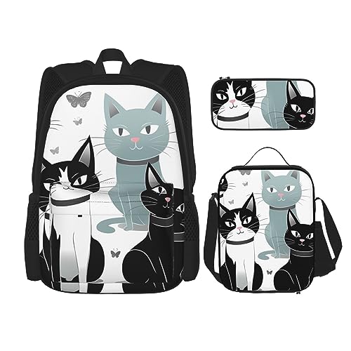 DOFFO Rucksack mit Katzen-Aufdruck, Reise-Laptop-Rucksack für Damen und Herren, lässige Büchertasche mit Lunch-Tasche, Federmäppchen, Schwarz, Einheitsgröße, Schwarz , Einheitsgröße von DOFFO