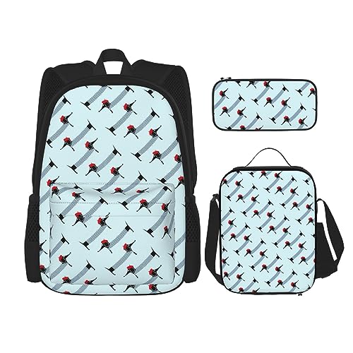 DOFFO Rucksack mit Pariser Dackel-Aufdruck, Reise-Laptop-Rucksack für Damen und Herren, lässige Büchertasche mit Lunch-Tasche, Federmäppchen, 3-teilig, Schwarz, Einheitsgröße, Schwarz , Einheitsgröße von DOFFO