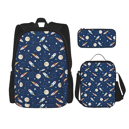 DOFFO Rucksack mit Rocket In Space Druck, Reise-Laptop-Rucksack für Damen und Herren, lässige Büchertasche mit Lunch-Tasche, Federmäppchen, 3-teilig, Schwarz, Einheitsgröße, Schwarz , Einheitsgröße von DOFFO