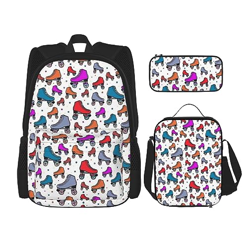 DOFFO Rucksack mit Rollschuh-Motiv, buntes Muster, Reise-Laptop-Rucksack für Damen und Herren, lässige Büchertasche mit Lunch-Tasche, Bleistifttasche, 3-teilig, Schwarz, Einheitsgröße, Schwarz , von DOFFO