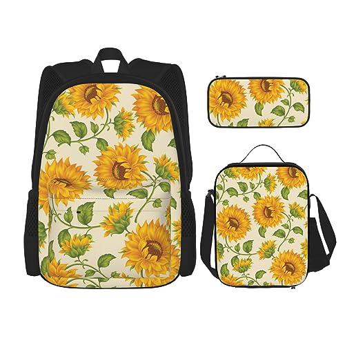 DOFFO Rucksack mit Sonnenblumen-Aufdruck, Reise-Laptop-Rucksack für Damen und Herren, lässige Büchertasche mit Lunch-Tasche, Bleistifttasche, 3-teilig, Schwarz, Einheitsgröße, Schwarz , Einheitsgröße von DOFFO