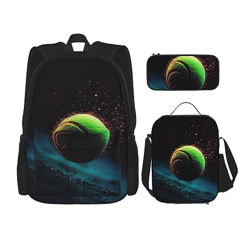 DOFFO Rucksack mit Tennis-Aufdruck, Reise-Laptop-Rucksack für Damen und Herren, lässige Büchertasche mit Lunch-Tasche, Federmäppchen, 3-teilig, Schwarz, Einheitsgröße, Schwarz , Einheitsgröße von DOFFO