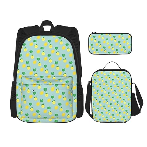 DOFFO Rucksack mit gelben Zitronen-Punkten, Reise-Laptop-Rucksack für Damen und Herren, lässige Büchertasche mit Lunch-Tasche, Federmäppchen, 3-teilig, Schwarz, Einheitsgröße, Schwarz , Einheitsgröße von DOFFO