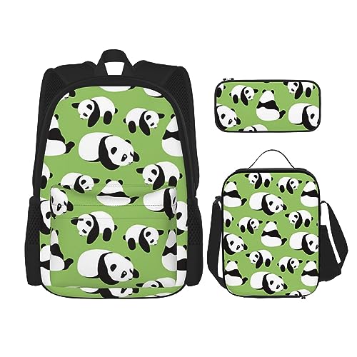 DOFFO Rucksack mit grünem Hintergrund, Panda-Druck, Reise-Laptop-Rucksack für Damen und Herren, lässige Büchertasche mit Lunch-Tasche, Bleistifttasche, 3-teilig, Schwarz, Einheitsgröße, von DOFFO
