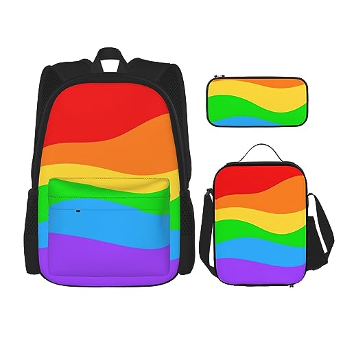 DOFFO Rucksack mit unregelmäßigem Regenbogen-Druck, Reise-Laptop-Rucksack für Damen und Herren, lässige Büchertasche mit Lunch-Tasche, Bleistifttasche, 3-teilig, Schwarz, Einheitsgröße, von DOFFO
