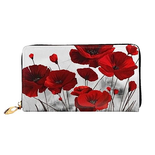 DOFFO San Francisco Print Leder Geldbörse Für Frauen Geldbörse Slim Zip Telefon Kleingeld Geldbörse Clutch Kartenhalter Fall Brieftasche, Rote Mohnblume, Einheitsgröße von DOFFO