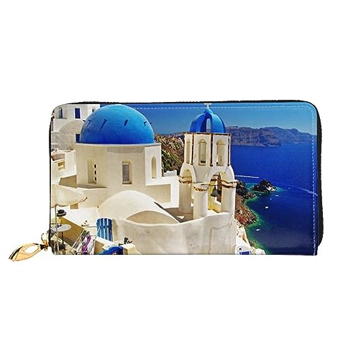 DOFFO San Francisco Print Leder Geldbörse Für Frauen Geldbörse Slim Zip Telefon Kleingeld Geldbörse Clutch Kartenhalter Fall Brieftasche, Santorini Griechische Insel Meerblick, Einheitsgröße von DOFFO