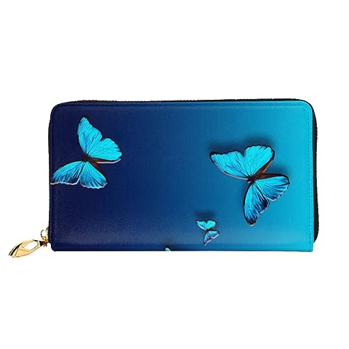 DOFFO Schöne blaue Schmetterling Druck Leder Brieftasche Für Frauen Münzbörse Fall Brieftasche Schlank Reißverschluss Telefon Kleingeld Geldbörse Clutch Kartenhalter, Schöner blauer Schmetterling, von DOFFO