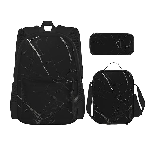 DOFFO Schwarzes Rucksack-Set mit Marmor-Druck, Reise-Laptop-Rucksack für Damen und Herren, lässige Büchertasche mit Lunch-Tasche, Bleistifttasche, 3-teilig, Schwarz, Einheitsgröße, Schwarz , von DOFFO