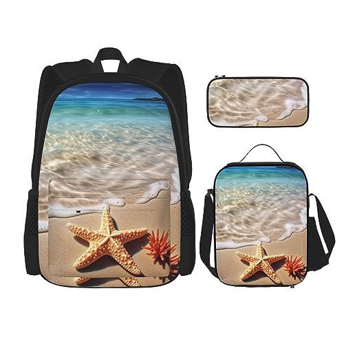 DOFFO Strand-Rucksack mit Seestern-Aufdruck, Reise-Laptop-Rucksack für Damen und Herren, lässige Büchertasche mit Lunch-Tasche, Federmäppchen, 3-teilig, Schwarz, Einheitsgröße, Schwarz , Einheitsgröße von DOFFO