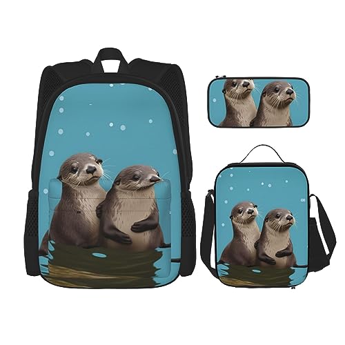 DOFFO Süßes Otter-Druck-Rucksack-Set, Reise-Laptop-Rucksack für Damen und Herren, lässige Büchertasche mit Lunch-Tasche, Bleistifttasche, 3-teilig, Schwarz, Einheitsgröße, Schwarz , Einheitsgröße von DOFFO