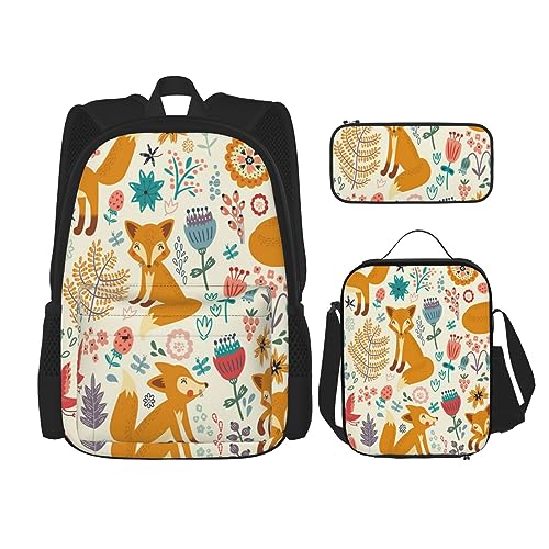 DOFFO Süßes Rucksack-Set mit floralem Tiermuster, Reise-Laptop-Rucksack für Damen und Herren, lässige Büchertasche mit Lunch-Tasche, Federmäppchen, 3-teilig, Schwarz, Einheitsgröße, Schwarz , von DOFFO