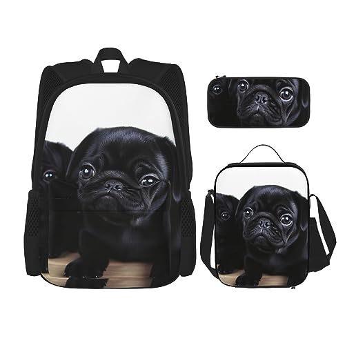 DOFFO Süßes schwarzes Rucksack-Set mit Mops-Druck, Reise-Laptop-Rucksack für Damen und Herren, lässige Büchertasche mit Lunch-Tasche, Bleistifttasche, 3-teilig, Schwarz, Einheitsgröße, Schwarz , von DOFFO