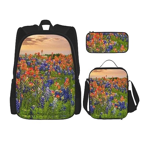 DOFFO Texas Bluebonnets Rucksack mit Landschaftsdruck, Reise-Laptop-Rucksack für Damen und Herren, lässige Büchertasche mit Lunch-Tasche, Federmäppchen, 3-teilig, Schwarz, Einheitsgröße, Schwarz , von DOFFO