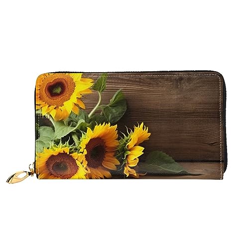 DOFFO Tie Dye Hippies Print Leder Brieftasche Für Frauen Geldbörse Slim Zip Telefon Kleingeld Geldbörse Clutch Kartenhalter Fall Brieftasche, Sonnenblumen auf Holzbrett, Einheitsgröße von DOFFO