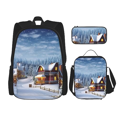 DOFFO Weihnachts-Winter-Rucksack-Set, Reiselaptop-Rucksack für Damen und Herren, lässige Büchertasche mit Lunch-Tasche, Federmäppchen, 3 Stück, Schwarz, Einheitsgröße, Schwarz , Einheitsgröße von DOFFO