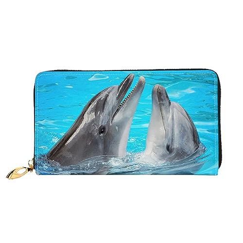 DOFFO Weiß Schwan Print Leder Brieftasche Für Frauen Geldbörse Schlank Reißverschluss Telefon Kleingeld Geldbörse Kupplung Kartenhalter Fall Brieftasche, Cooler Delfin, Einheitsgröße von DOFFO