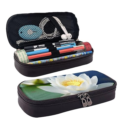 DOFFO Weiße Lotus Blumen Gedruckt Niedlich Bleistift Fall Ästhetische Bleistift Tasche Spezielle Stift Fall Kunstleder Bleistift Tasche Langlebig Bleistift Box Reißverschluss Federmäppchen Für Männer von DOFFO