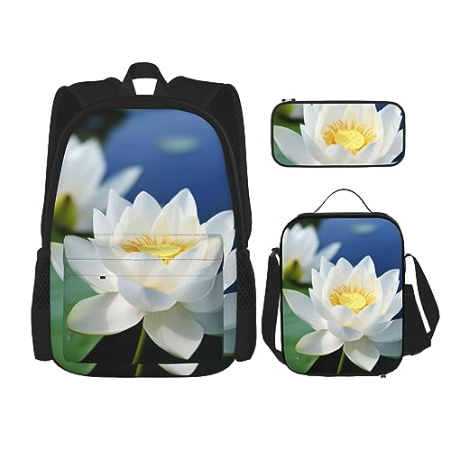 DOFFO Weißer Rucksack mit Lotusblumen-Aufdruck, Reise-Laptop-Rucksack für Damen und Herren, lässige Büchertasche mit Lunch-Tasche, Bleistifttasche, 3-teilig, Schwarz, Einheitsgröße, Schwarz , von DOFFO
