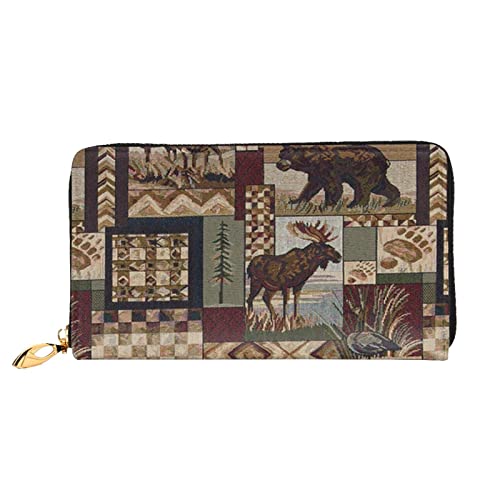 Denim Patchwork Print Leder Brieftasche Für Frauen Geldbörse Fall Brieftasche Schlank Reißverschluss Telefon Kleingeld Geldbörse Kupplung Kartenhalter, Lodge Bear Deer, Einheitsgröße von DOFFO