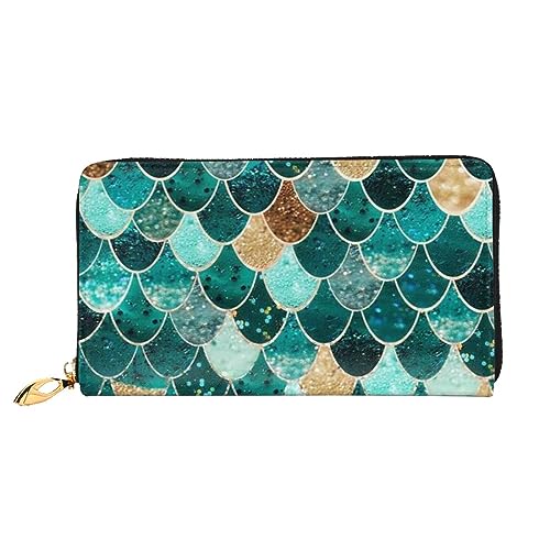 Denim Patchwork Print Leder Brieftasche Für Frauen Geldbörse Fall Brieftasche Schlank Reißverschluss Telefon Kleingeld Geldbörse Kupplung Kartenhalter, Meerjungfrau-Fischschuppen-Aufdruck., von DOFFO