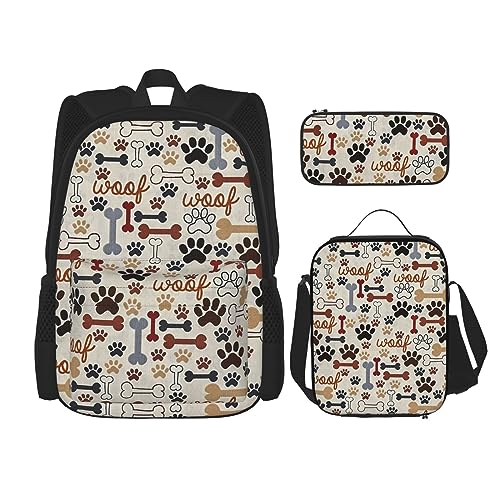 Rucksack-Set mit Knochen- und Pfotenabdruck, Reise-Laptop-Rucksack für Damen und Herren, lässige Büchertasche mit Lunch-Tasche, Federmäppchen, 3-teilig, Schwarz, Einheitsgröße, Schwarz , Einheitsgröße von DOFFO