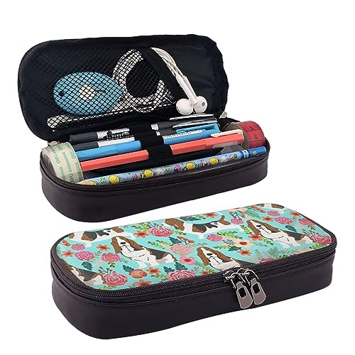 Sweet Basset Hound Florals Printed Cute Pencil Case Aesthetic Pencil Pouch Special Pen Case Artificial Leather Pencil Bag Durable Pencil Box Zipper Pencil Cases For Men Women Office Work And Study, von DOFFO