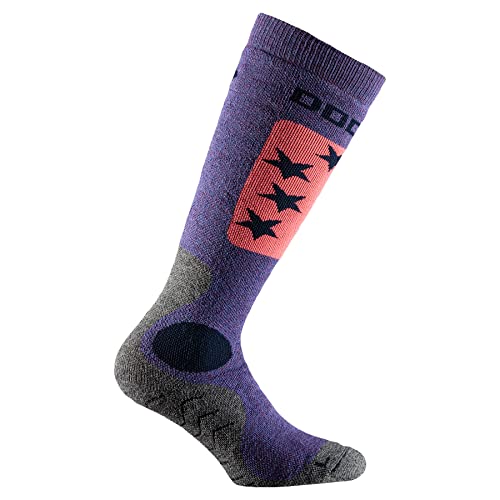 DOGMA Snow Fox Junior - Merino Skisocken für Kinder, Snowboardsocken, warme Kniestrümfe, Atmungsaktiv mit Polsterung (purple stars, 36-38) von DOGMA