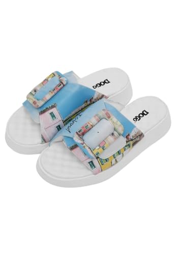 DOGO Damen-Hausschuhe, veganes Leder, Blau – Burano Island Motiv, mehrfarbig, 38 EU von DOGO