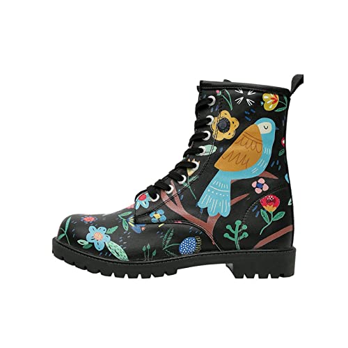 DOGO Long Boots - Flower & Birds BLACK - Vegane Damen Boots und Nachhaltige und Bunte Stiefeletten - Trendige Bequeme Stiefel für Damen von DOGO