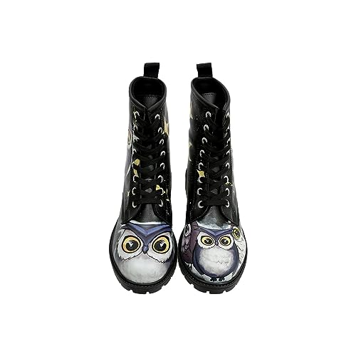 DOGO Long Boots - Owls Family BLACK - Vegane Damen Boots und Nachhaltige und Bunte Stiefeletten - Trendige Bequeme Stiefel für Damen von DOGO