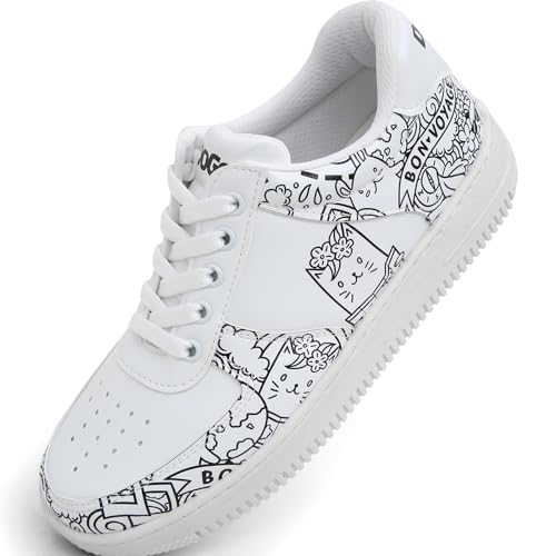 Weiße Sneaker für Damen – handgefertigte modische Damen-Sneaker, veganes Leder und einzigartiges Design, Würfel-Sneaker, Bon Voyage, 37 EU von DOGO