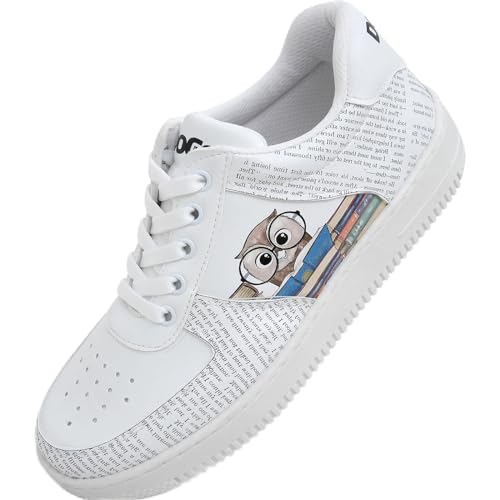 Weiße Sneaker für Damen – handgefertigte modische Damen-Sneaker, veganes Leder und einzigartiges Design, Würfel-Sneaker, The Wise Owl, 37 EU von DOGO