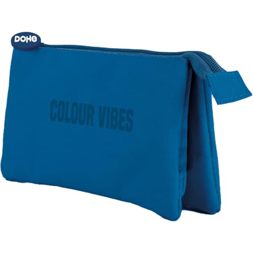 DOHE - Dreifaches Federmäppchen für die Schule - 3 Fächer, Mehrzweck-Federmäppchen, Maße 23 x 12 x 2,5 cm, Reißverschluss, aus strapazierfähigem Polyester - Colour Vibes Blau von DOHE