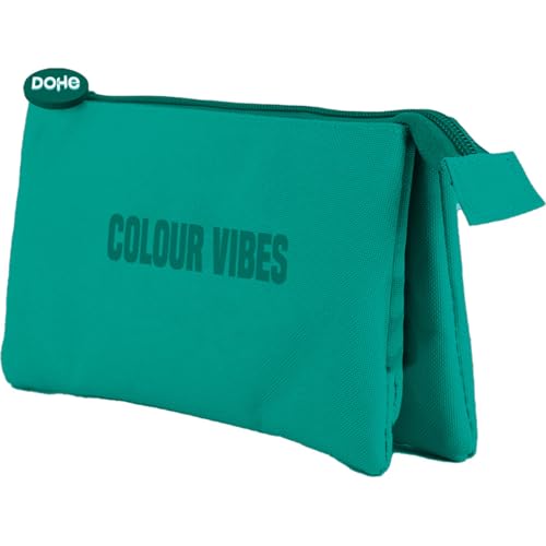 DOHE - Dreifaches Federmäppchen für die Schule - 3 Fächer, Mehrzweck-Federmäppchen, Maße 23 x 12 x 2,5 cm, Reißverschluss, aus strapazierfähigem Polyester - Colour Vibes Grün von DOHE